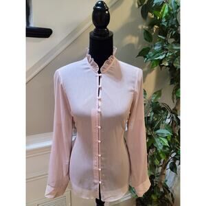 Express Blouse Women's Medium Light Pink Ruffle Neck Curved Hem Casual Button-Up